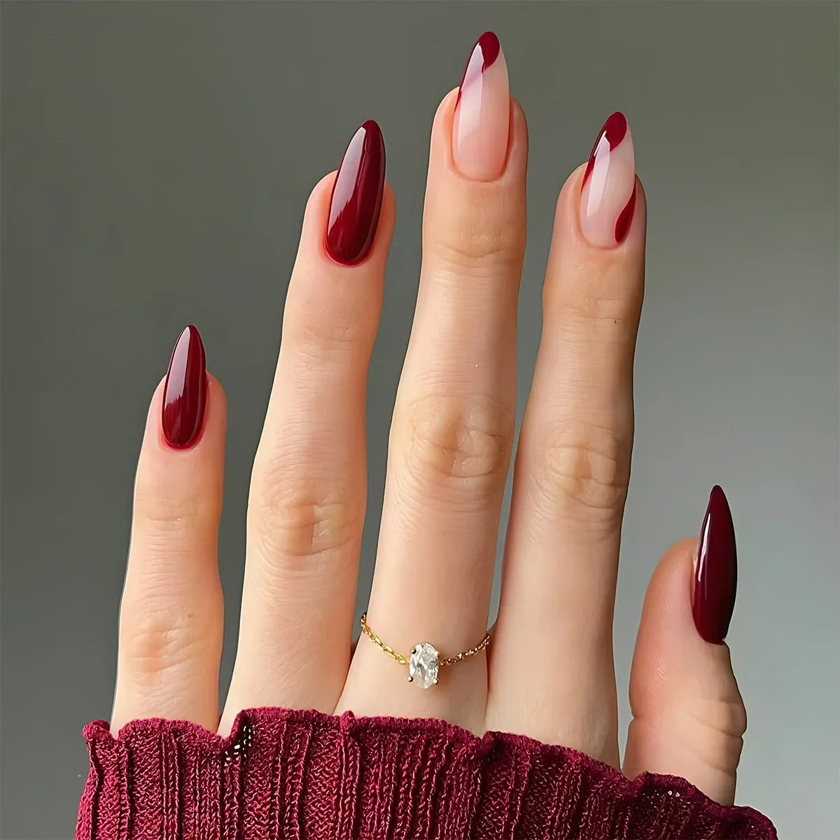 Wine Red Glam Almond Nails
