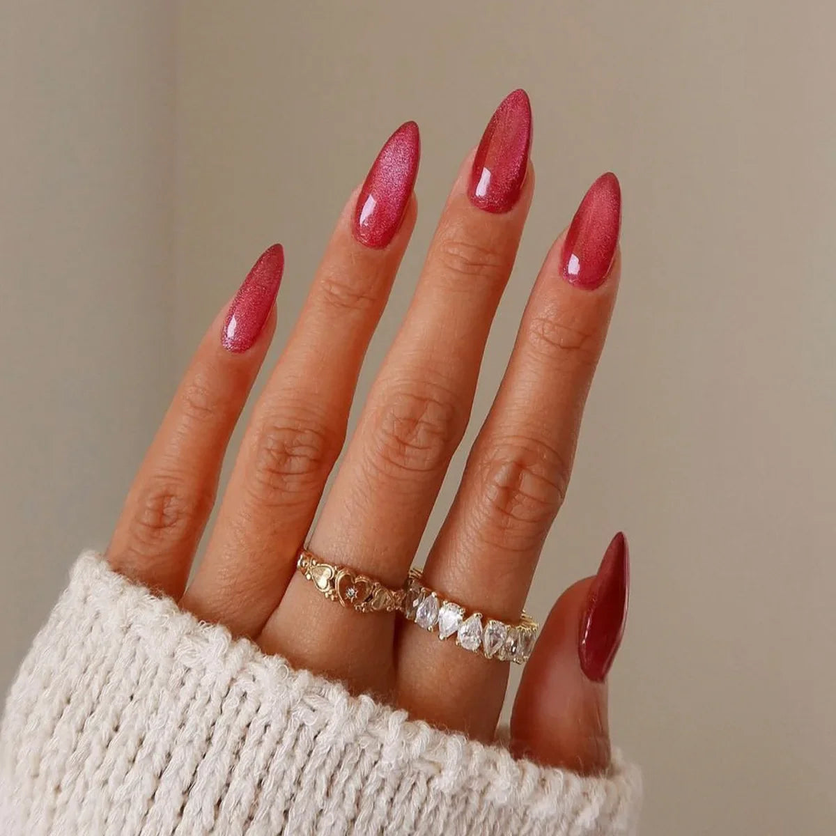 Wine Red Glam Almond Nails
