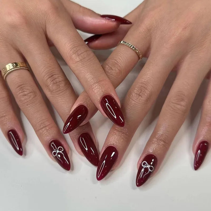 Wine Red Glam Almond Nails
