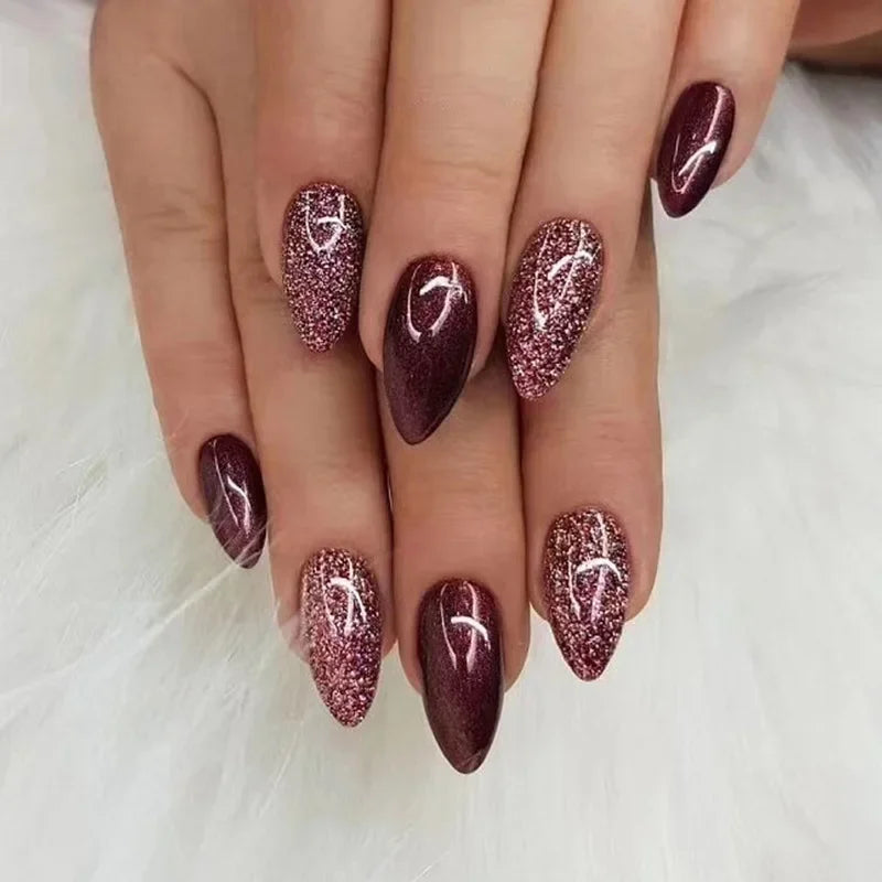 Wine Red Glam Almond Nails