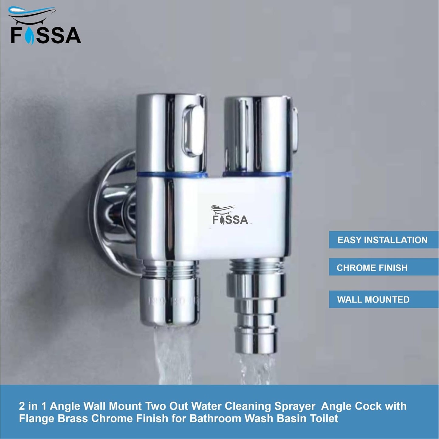 Fossa Brass 2 in 1 Angle Wall Mount Two Out Water Cleaning Sprayer Angle cock with Flange Chrome Finish for Bathroom Wash Basin Toilet (Silver) (Compact | Pack of 2)-1