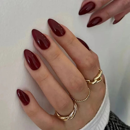Wine Red Glam Almond Nails
