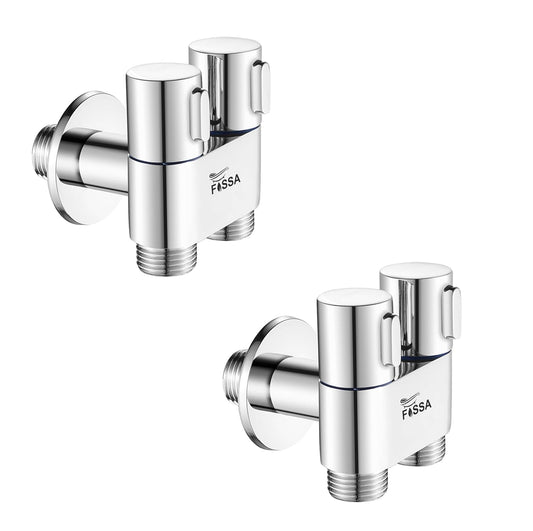 Fossa Brass 2 in 1 Angle Wall Mount Two Out Water Cleaning Sprayer Angle cock with Flange Chrome Finish for Bathroom Wash Basin Toilet (Silver) (Compact | Pack of 2)-0