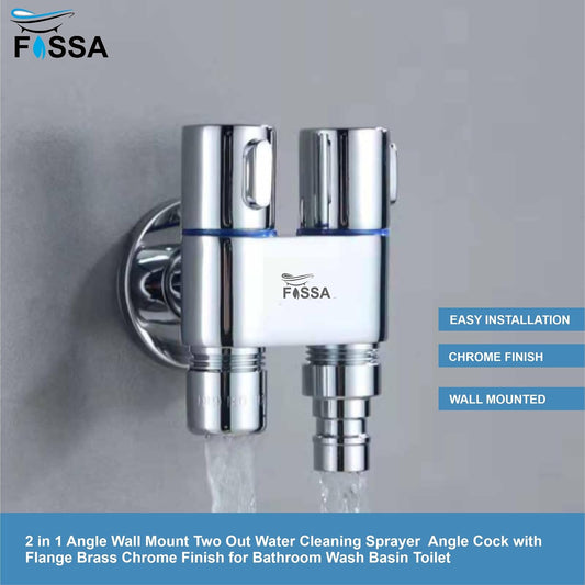 Fossa Brass 2 in 1 Angle Wall Mount Two Out Water Cleaning Sprayer Angle cock with Flange Chrome Finish for Bathroom Wash Basin Toilet (Silver) (Compact | Pack of 2)-1